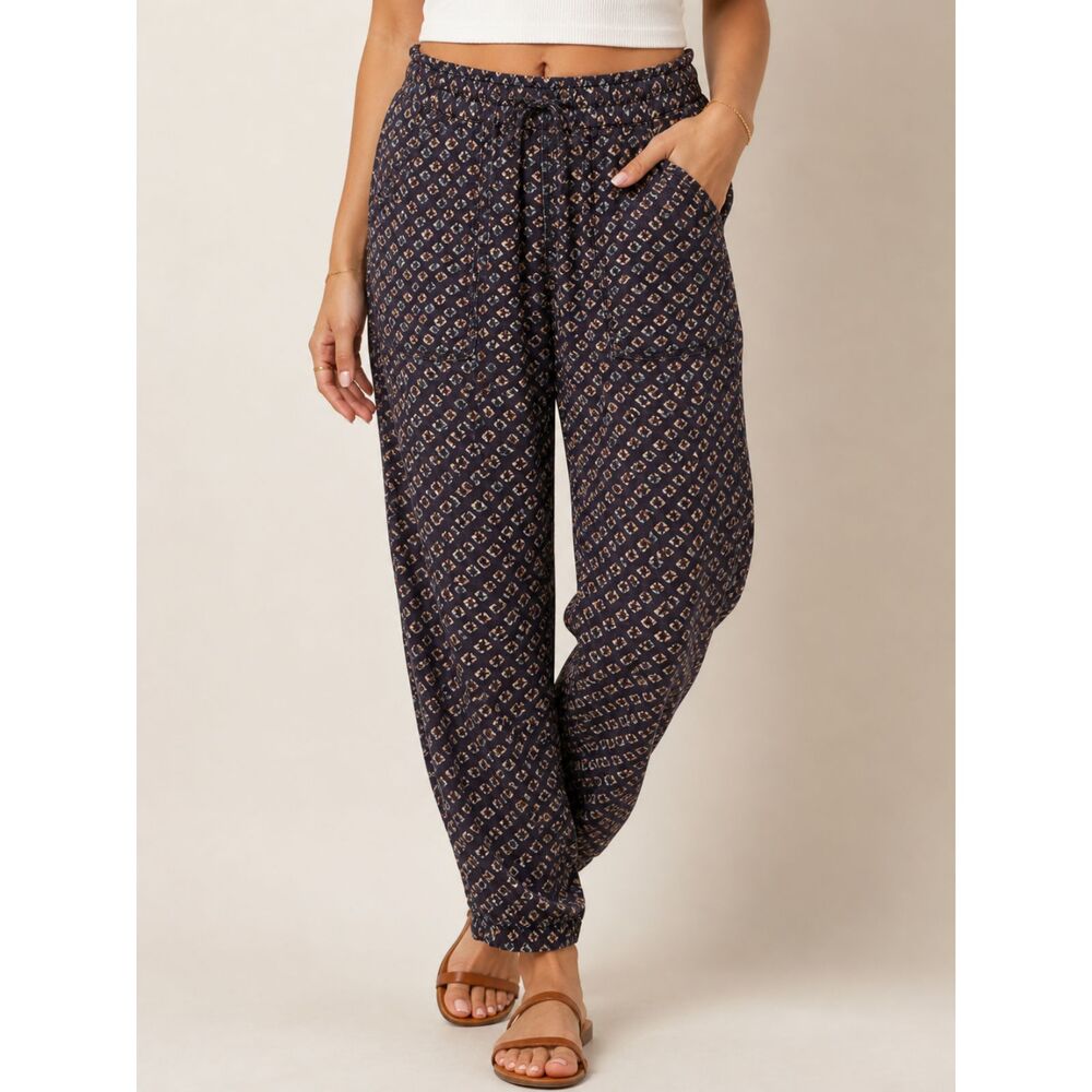 NWT Anthropologie Linen Blend Jogger Pants Purple Print Paperbag Waist S